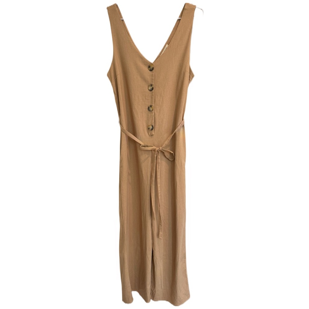 Monteau Los Angeles Linen Blend NWOT Sleeveless Jumpsuit Brown V Neck Size M